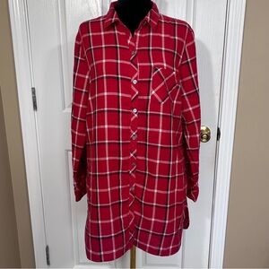 J. Jill Red Plaid Button Down Tunic Shirt Women’s Large 100% Cotton Pockets